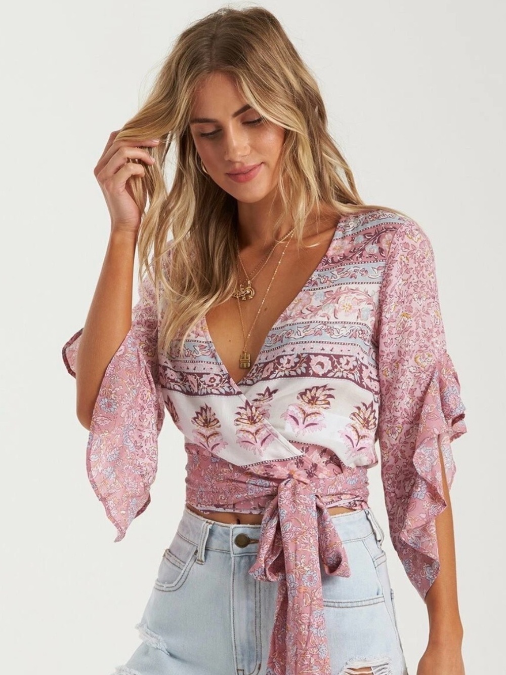 Billabong Pink Floral Wrap Crop Top with Tie